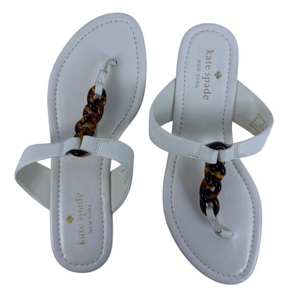 Kate Spade Thong Sandals Irene Size 8B Nappa Leather Tortoise Chain Accent Logo - Picture 1 of 10